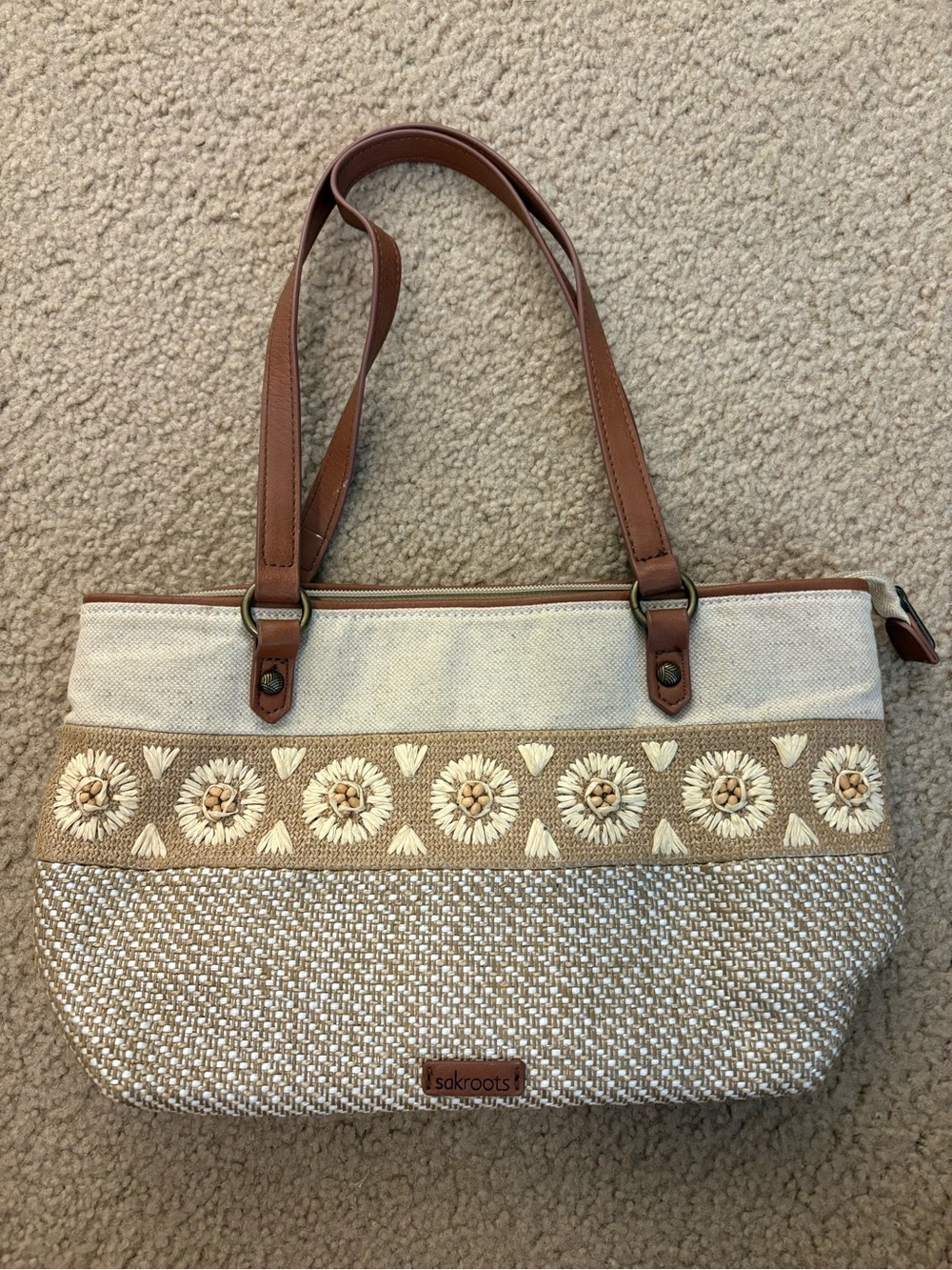 Sakroots Ellis Straw Beige & Brown Woven Tote Bag